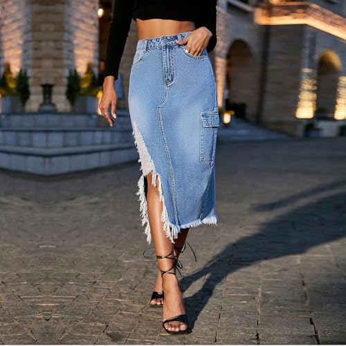 Denim Skirt for Women Trendy Casual Midi Length Frayed Stretch Slim Fit High Waisted Jean Skirts with Side Slit2