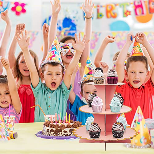 3 Pcs Cardboard Cupcake Stand 2 Set Of 3 Tier Cupcake Stand For 24 Cupcakes And 1 Large Cake Display Serving Tray Cupcake Tower Set For Wedding Baby Shower Birthday Party Decor, Pink #TOP5