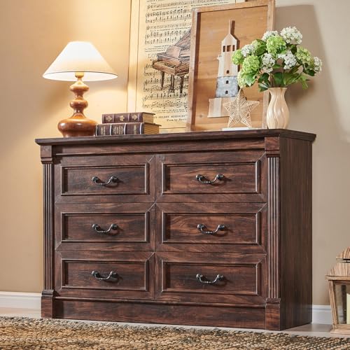 Image of Aitjunz Farmhouse 6 Drawer Dressers for Bedroom, 47'' Wide Dresser & Chests of Drawers w /Roman Columns, Horizontal Wooden TV Stand Dresser w /Metal Handle for Bedroom, Hallway, Living Room, Brown