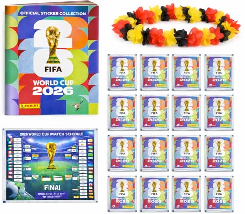 XXL Kit Starter Fan Coupe du Monde 2026 – Album Original Panini, Calendrier des Matchs + Collier de Fleurs Allemagne, Bundle Fan XXL (1 Pochette / 13 Stickers)