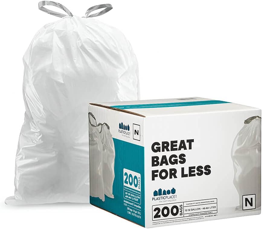 Plasticplace Custom Fit Trash Bags | Compatible with Simplehuman (x) Code N | (200 Count)│White Drawstring Garbage Liners 12-13 Gallon / 45-50 Liters│22.5" x 31.5"