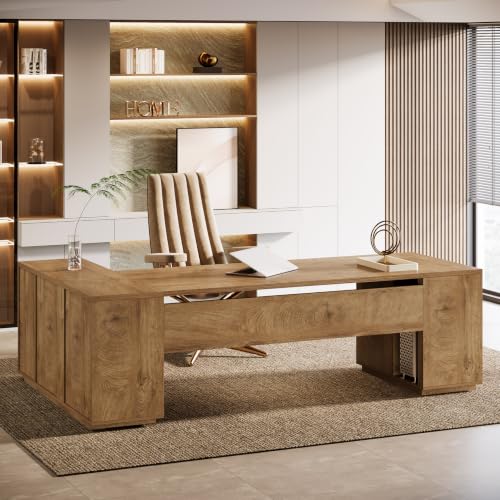 Image of Tribesigns 85.8-Inch L-Shaped Executive Office Desk with File Drawers & Storage Cabinet, Professional Corner Computer Desk Extra Large Business Workstation with Adjustable Shelves, Light Brown