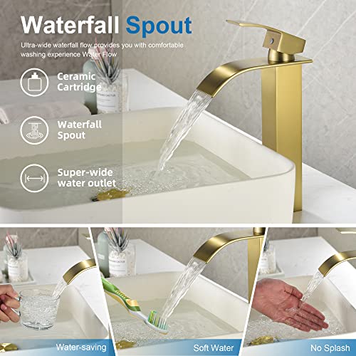 Phichi Tall Waterfall Bathroom Faucet Single Handle One Hole, Brushed Gold Faucet For Bathroom Sink, Vanity Sink Faucet With Pop-Up Drain #TOP2