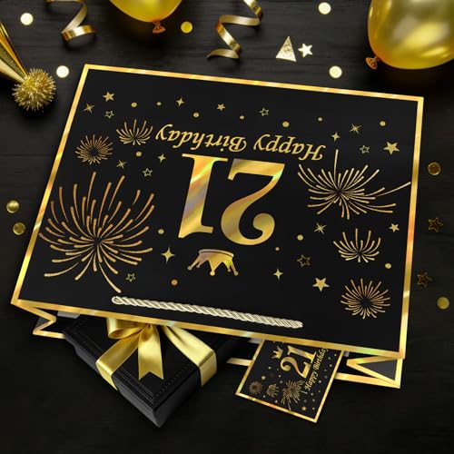 Image of JMANNI Black Gold 21st Birthday Gift Bag with Card and Tissue Paper, 12.6 inchx9.84 inchx3.9 inch Elegant Present Bag for Adults, 21 Year Old Birthday Keepsake Party Supplies