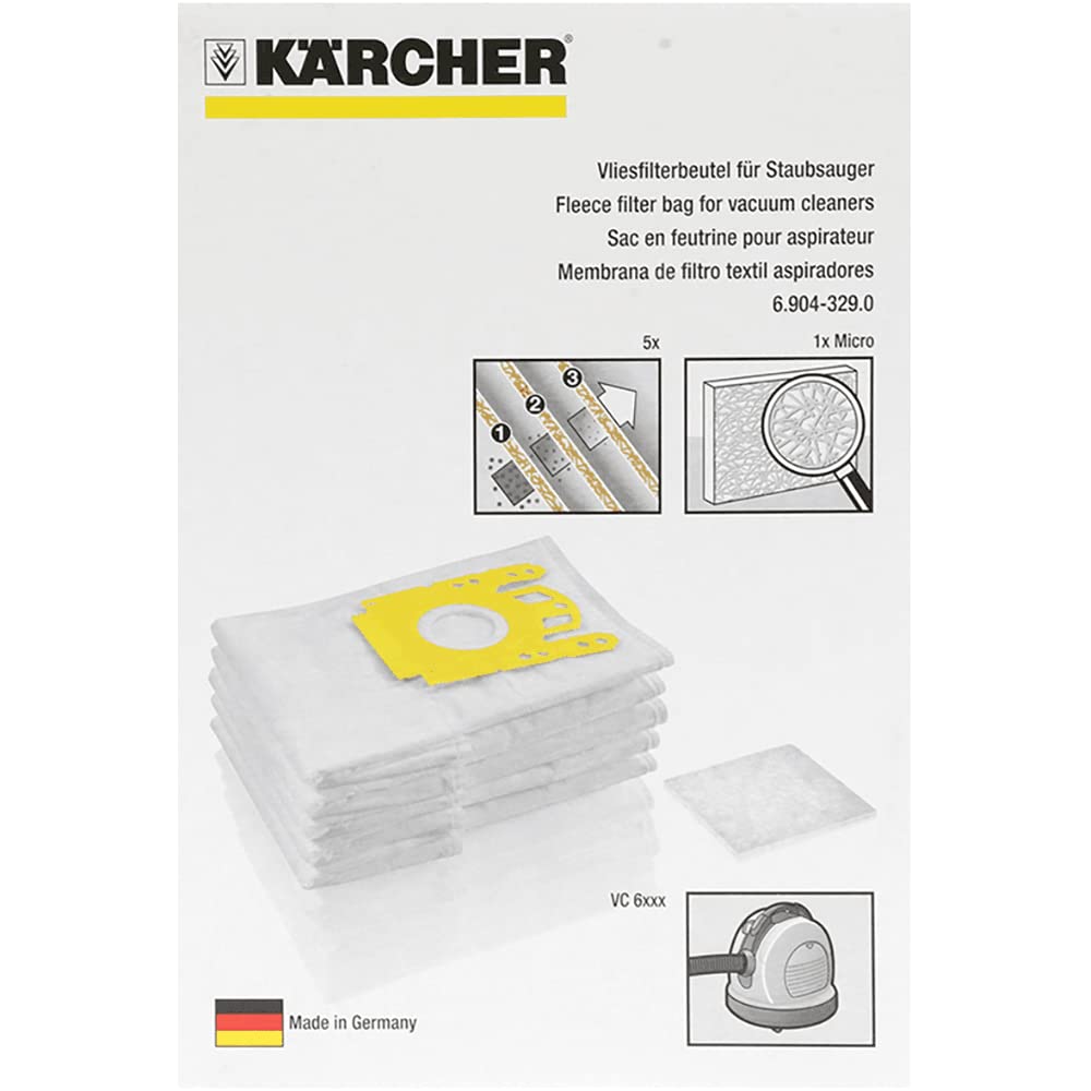 Packung mit 5 Staubsaugerbeutel Vlies und 1 filter, passt auf die Karcher Taschenart, 6, 904-329, 0