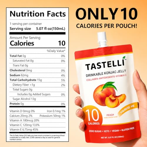 Tastelli Peach Konjac Jelly with Collagen & Vitamin C | Sugar Free Gluten Free Low Calorie | Vegan Fruit Snack | 150mL x 10 Pouches - image 6