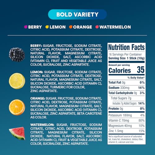 dripdrop hydration packets - bold variety pack - single serve electrolytes powder drink mix - watermelon berry lemon orange - non-gmo gluten free vegan - 16 sticks