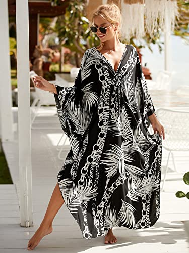 Image of sunforyou Kaftan Dresses for Women Plus Size Lightweight Swimsuit Cover up Batwing Sleeve Print Loungewear Beach Robe