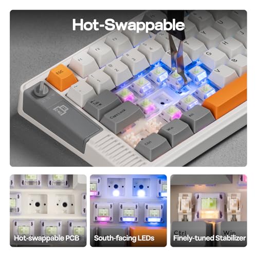 Image of EPOMAKER RT85 Wireless Mechanical Keyboard with Joystick & DIY Screen, 8000mAh, BT /USB /2.4Ghz, Gasket, Hot-Swap, PBT Keycap, 75% Gaming Keyboard (Retro White, Wisteria Linear)
