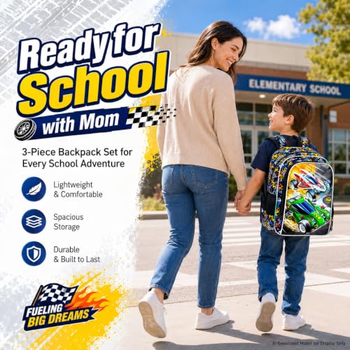 Image of WZLVO 3PCS Race Car Preschool Backpack, 16 inch Cool UV Printing Boys Bookbag /School Bag with Lunch Box & Pencil Bag for Elementary - 2 * Race Car
