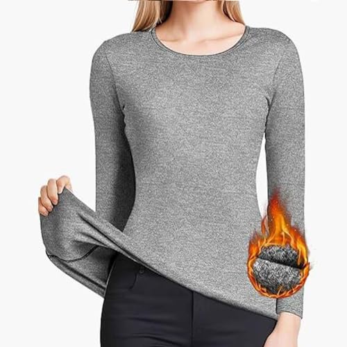 Camiseta interior térmica para mujer, manga larga, lisa, térmica, manga larga, cuello redondo, jersey, camiseta base, camiseta de esquí para mujer, gris, L