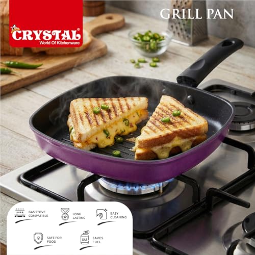 Image of Crystal Aluminium Non Stick Grill Pan 225 mm for Kitchen | PFOA and Chemical Free | Low Oil Cooking | Gas Stove Compatible | 3 Layer Coating