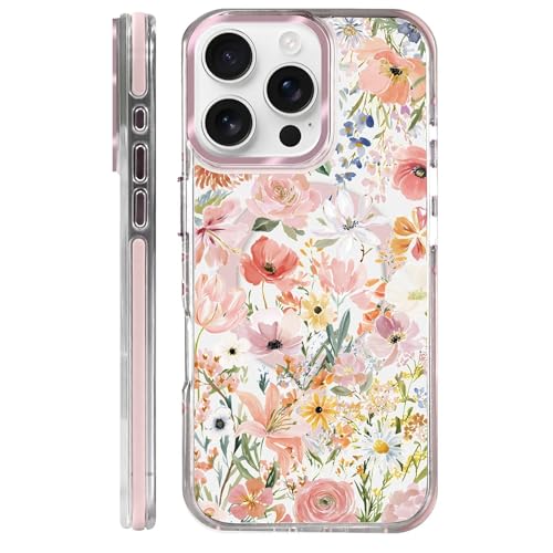 Coque iPhone 16 Pro transparente magnétique avec motif floral printanier