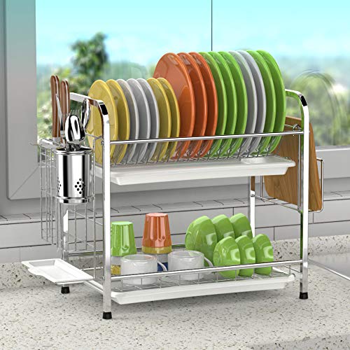 Dish Rack, Cambond 304 Stainless Steel 2 Tier Dish Drying Rack with Drain Board, Utensil Holder, Cutting Board Holder, Rustproof Dish Drainer for Kitchen Countertop, Silver - Thumbnail 6