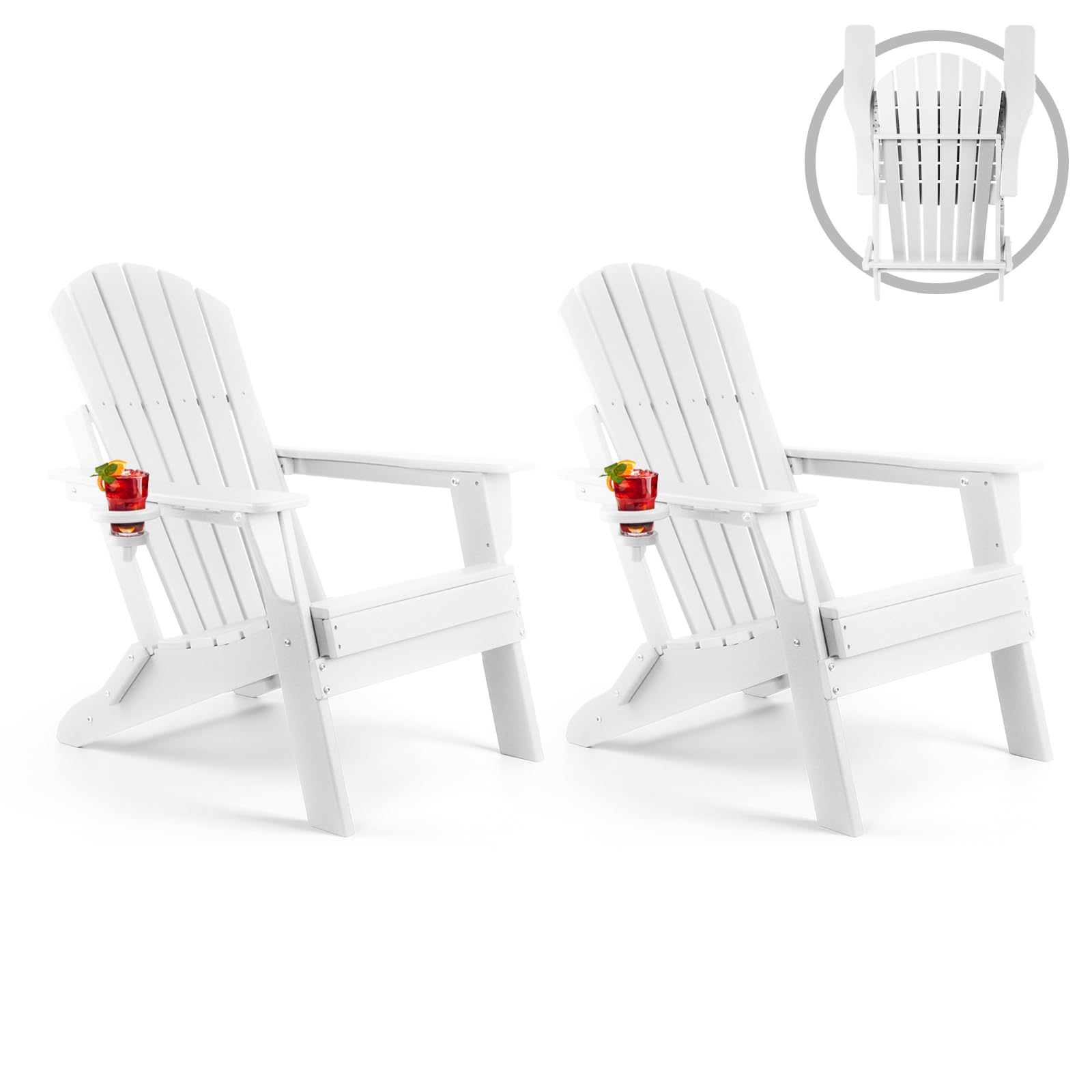 FUNBERRY Folding Adirondack Chair Set of 2, All Weather HDPE Fire Pit Chairs with Cup Holder for Outdoor