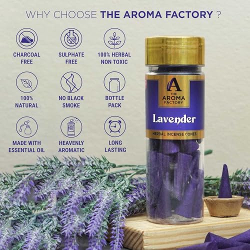 Image of The Aroma Factory Incense Dhoop Cone, Lavender (100% Herbal & 0% Charcoal) 3 Bottles x 30 Cones