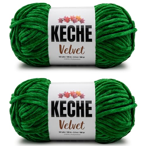 Image of Keche Velvet Yarn for Crocheting, Soft Chenille Bulky Baby Blanket Amigurumi Yarn 2x100 gr (2x132 yds) (2 Skeins) Green