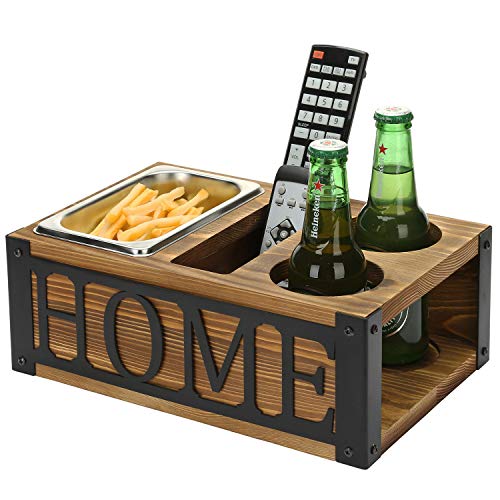 MyGift Rustikales Snacktablett aus Holz, für Getränke, Snacks und Fernbedienung, Couchtisch-Organizer mit schwarzem Metall-Schriftzug Cover