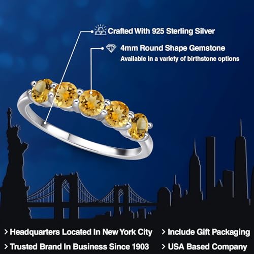 Gem Stone King 4MM Round Gemstone Birthstone 5-Stone Wedding Band Ring | 925 Sterling Silver | Five Stone Engagement Anniversary Promise Ring For Women | Available in Size 5, 6, 7, 8, 92