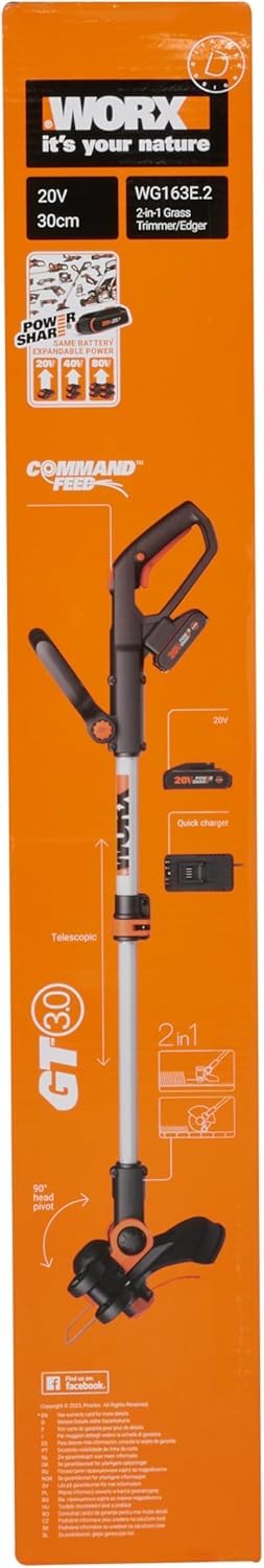 WORX 18V (20V MAX) Akumulatorowa Podkaszarka do trawy WG163E.2, Bezprzewodowa przycinarka krawędziowa z akumulatorem 2 w 1, Rączka Teleskopowa, Akumulator 1x2,0Ah