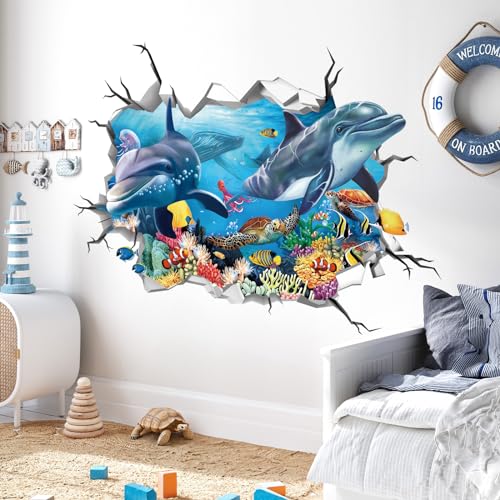 decalmile 3D Under The Sea Dolphin Fish Wall Decals Ocean Turtle Seaweed Broken Wall Stickers Boys Bedroom Living Room Bathroom Wall Decor - Image 2