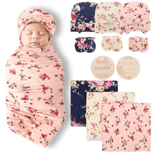 Image of AQOKKA Baby Swaddle Blankets with Bow Hat Headband Set Infant Receiving Blankets Swaddles for Newborns Unisex Toddler Swaddle Wrap Sets for Baby Girls Boys Nursery Warm Shower Gift