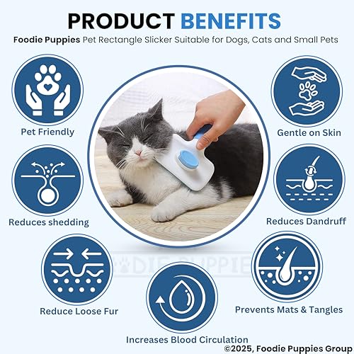 Image of Foodie Puppies Grooming & Cleaning Thin Slicker Brush for Dogs & Cats | Self Clean Brush for Shedding | Gently Removes Loose Undercoat, Mats and Tangled (Rectangular, Medium) (Color May Vary)