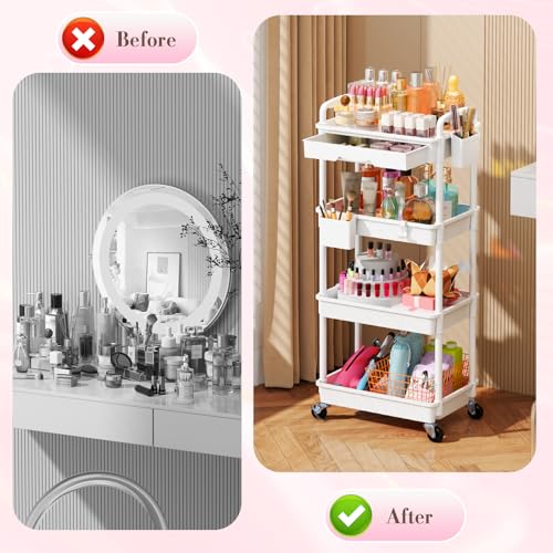 Image of SUNALLY Makeup Cart Organizer with Drawer,4 Tier Rolling Makeup Cart, White