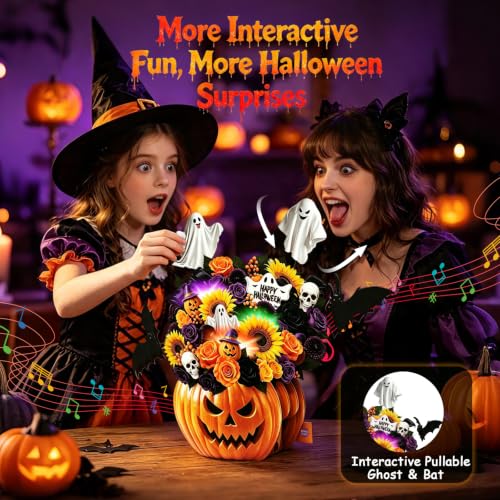 Musical Halloween Card with Lights, 3D Pop Up Pumpkin Bouquet Decoration | Pull Out Interactive ghost and bat, 10 In Pumpkin Bouquet, Bonus Envelope & Note Card, Greeting Cards for Kid Friend Family - image 3