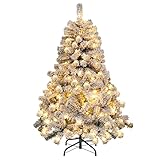 COSTWAY 135 cm schneebeflockter Weihnachtsbaum, künstlicher Tannenbaum Kunstbaum mit 295 Spitzen und 150 warmweißen LED-Leuchten, Christbaum mit Metallständer für Zuhause & Partydekoration, Weiß