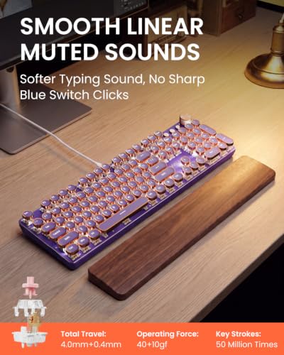 Image of EWEADN Wired Typewriter Mechanical Keyboard, Low Noise Pink Switch Retro Punk Keyboard with Media Knob, White Backlit, Metal Panel, 104-Key Round Keycaps Cute Keyboard for Windows PC -Purple