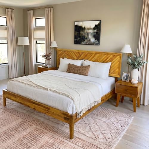 Image of Acacia Sierra Bed Frame with Headboard Solid Wood Platform Bed, Queen Bed Frame, Tall Headboard Wood Bed Compatible with All Mattress Types, No Box Spring Needed, Early American