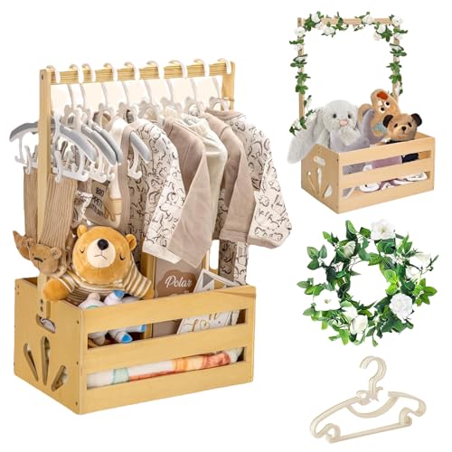 Cesta para bebé, cesta de madera ratán rosa para baby shower, regalo para recién nacido, 5 perchas, nuevos padres