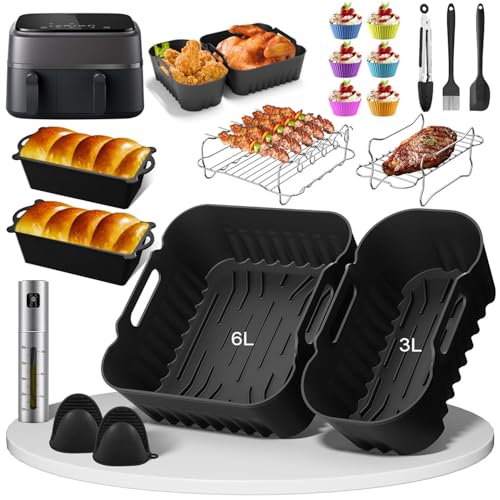 SIOOUI Accesorios para freidora de aire caliente Philips Dual Basket Airfryer 3000 Series 6L/3L - NA350 Airfryer Juego de accesorios de molde de silicona - 23 piezas para parrilla, guantes, cepillo de