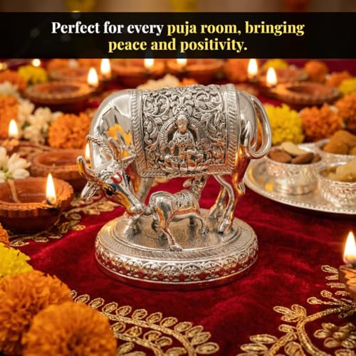 Image of 999 Pure Silver Plated Kamdhenu Cow Idol | 2.5 inch Vastu Home Decor for Pooja Room & Mandir | Symbol of Prosperity & Abundance | Ideal Religious & Spiritual Gift