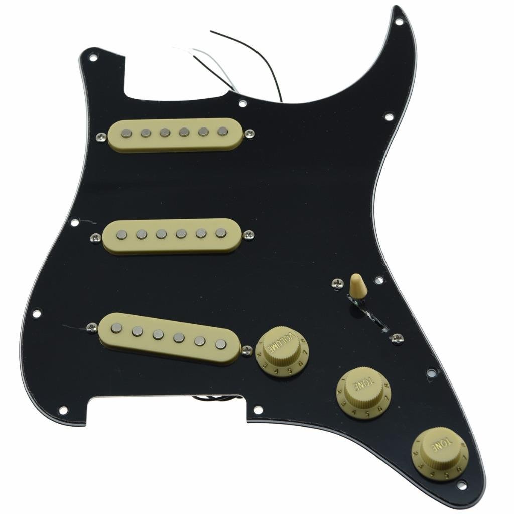 KAISH Loaded American ST/Strat Style SSS Pickguard Prewired Pick Guard with Ceramic Pickups for Stratocaster/Strat Black 3 Ply With Cream Covers and Knobs