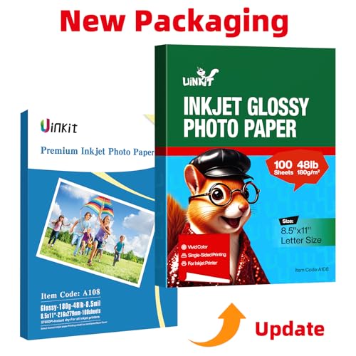 Uinkit 100 Sheets Inkjet Photo Paper Glossy 8.5x11 48lb 180Gsm Professional Photographic Paper Letter Size 8.5Mil Instant Dry Suitable for All Ink Printers