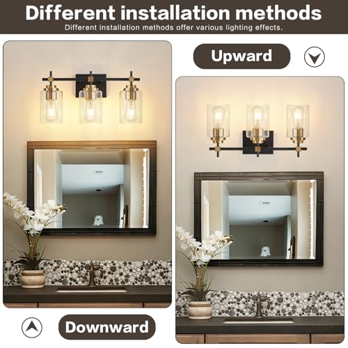 Image of SOLFART 3 Light Black and Gold Bathroom Light Fixture, Vintage Vanity Light with Clear Shades, Modern Over Mirror Wall Lighting for Bathroom Vanity