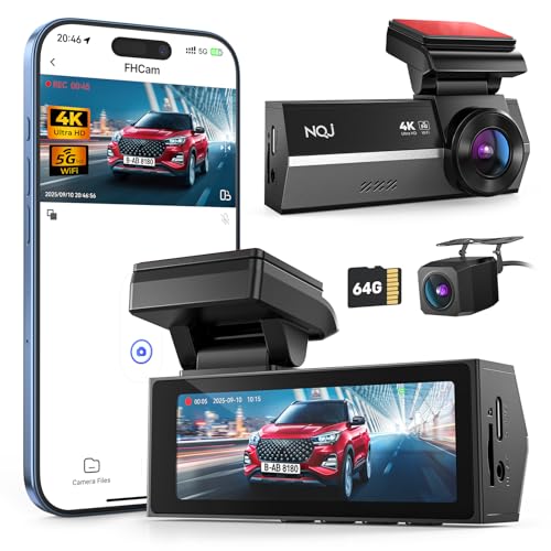 Dash Cams Front and Rear, NQJ 4K+2K Dual Dash Camera for Cars w 64GB Card, 5GHz Wi-Fi & App, G-Sensor, 3.2” Screen, 24H Parking Mode, 170°Wide Angle, Night Vision