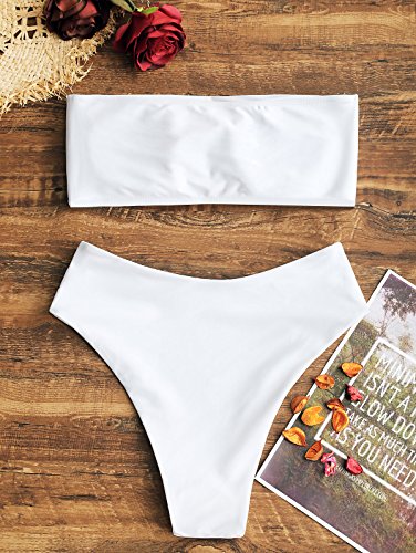Image of ZAFUL Women's High Cut Bandeau Bikini Set Strapless Solid Color 2 Pieces Bathing Suit Swimsuit