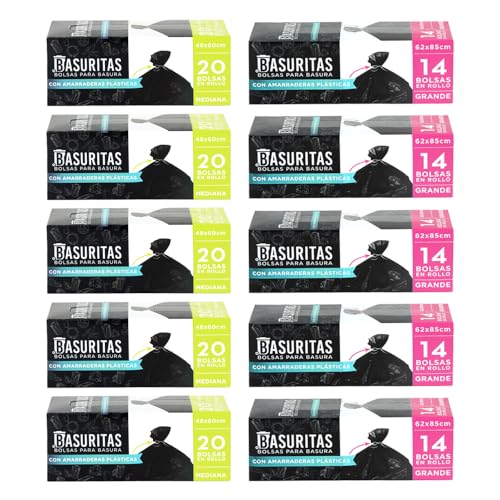 La Mejor Recopilación de Bolsas de basura Top 10. 35 Basuritas | 100 Bolsas de Basura Medianas y 70 Grandes, pack 5x20 de 48x60 cm + pack 5x14 de 62x85 cm