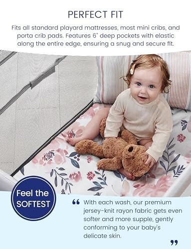 Image of Graco Pack and Play Sheets Fitted, TotAha Buttery Soft Mini Crib Sheets Girl, Floral Pack N Play Mattress Sheets Hypoallergenic, Premium Jersey Playrad Sheets, Meredith Allover & Pale Pink, 2 Pack