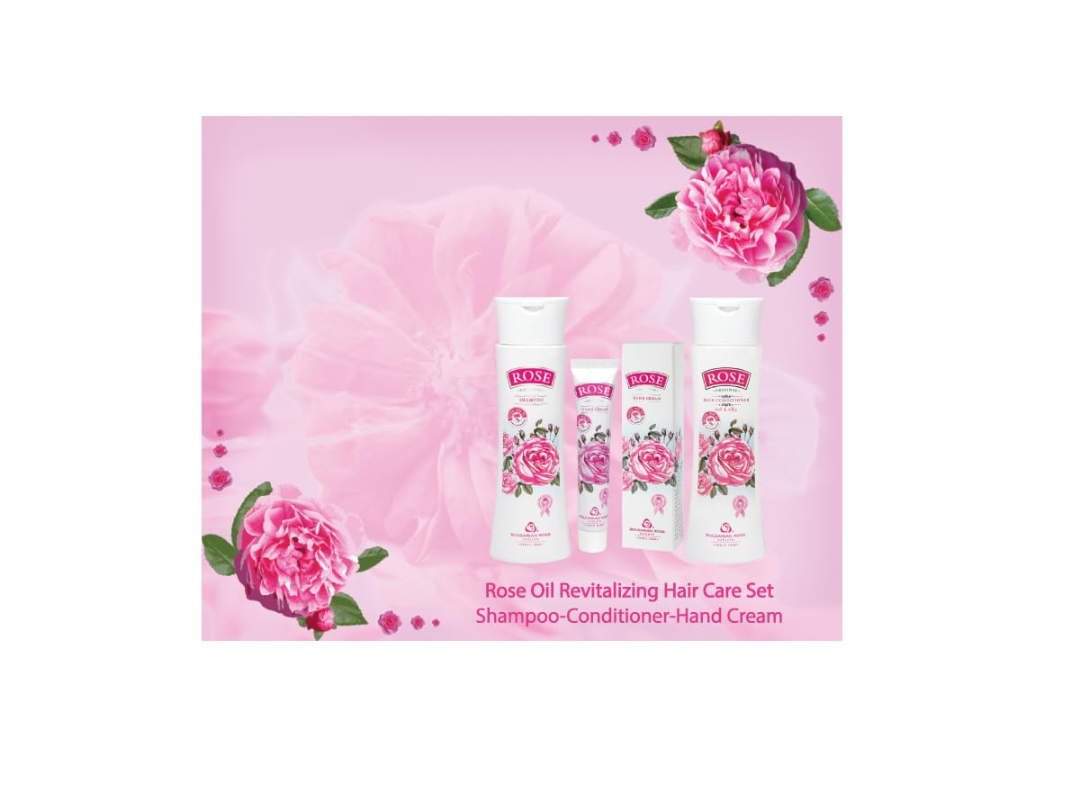 Rose Bulgarian Revitalizing Hair Care 3 Piece Gift Set - Natural Rose Shampoo, Hair Conditioner, Hand Cream