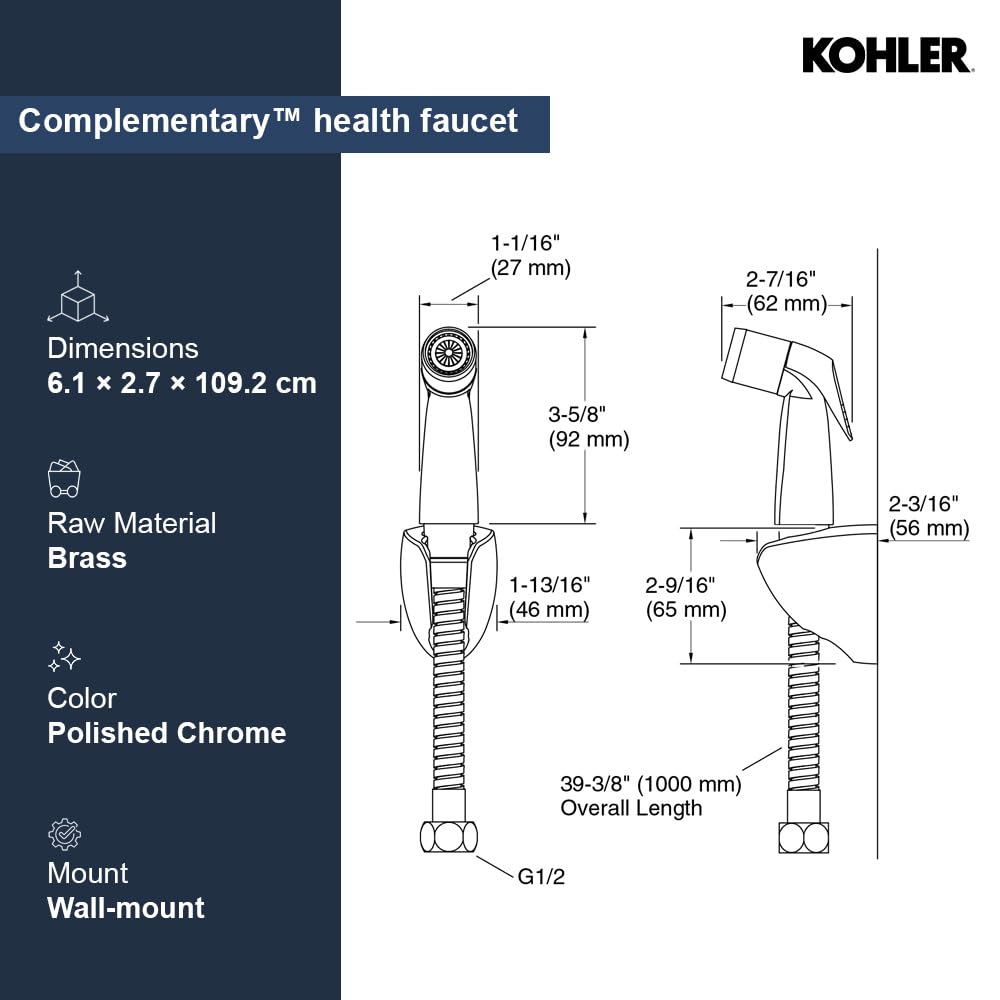 Kohler 12925IN-CP Complementary Health Faucet for Toilet | Ideal Toilet Jet Spray for High Water Pressure | Bathroom Jet Spray with Flexible Metal Hose and Holder, White, 1 M Hose 2