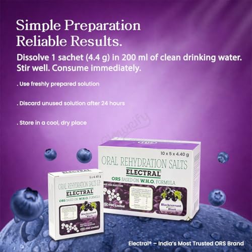 Image of ELECTRAL Oral Rehydration Salts I.P. Blackcurrant Blast Flavor | WHO Formula ORS | Pack of 100 Sachets 4.40g Each for Hydration & Electrolyte Balance