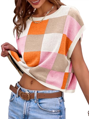 Image of Saodimallsu Womens Cap Sleeve Crop Tops Summer Color Block Going Out Crew Neck Knit Trendy Casual Sweater