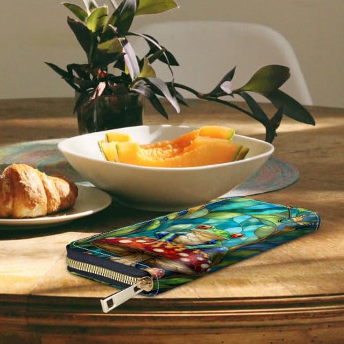 Image of Women's Wallets Credit Card Holder Money Leather Long Wallet | Long wallet with Wristlet,Large Capacity with Zip-Around Phone Purse for Women Ladies Girls,Tree Frog Mushroom