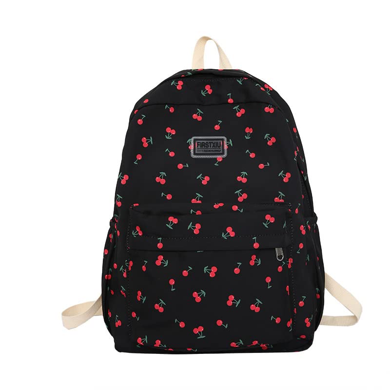 Cute Backpack Cherry Print Coquette Aesthetic Backpack Large Preppy Bag for Women Casual Travel Daypacks (Black)