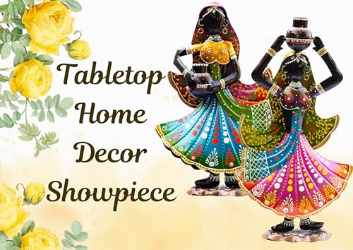 Image of KRAFTSKALA Handcrafted Rajasthani Ethnic Village Girl Dolls Figurine - Set of 2 | Vibrant 16 inch Metal Showpiece for Home Decor | Ideal Gift for Housewarming, Weddings, Diwali