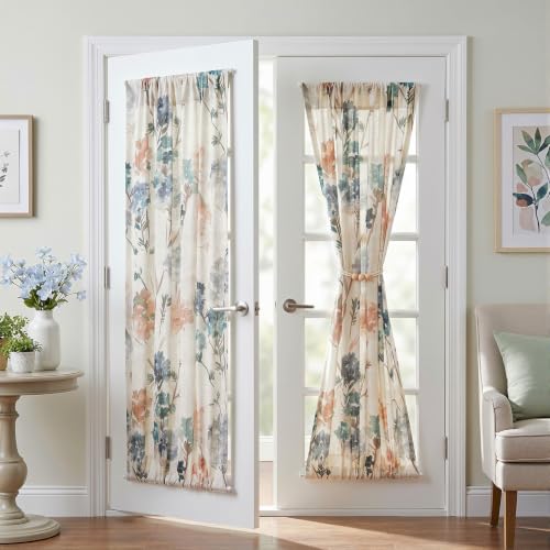 Image of MYSKY HOME Floral Linen French Door Curtains 72 inch Long 2 Panels for Front Door Light Filtering Privacy Semi Sheer Window Curtains with Rod Pocket, Brown, 24 inch W Each Panel